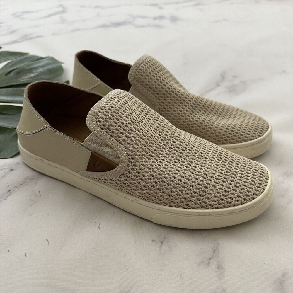 Olukai Womens Pehuea Sneaker Flats Size 9 Cream Gray Woven Slip On